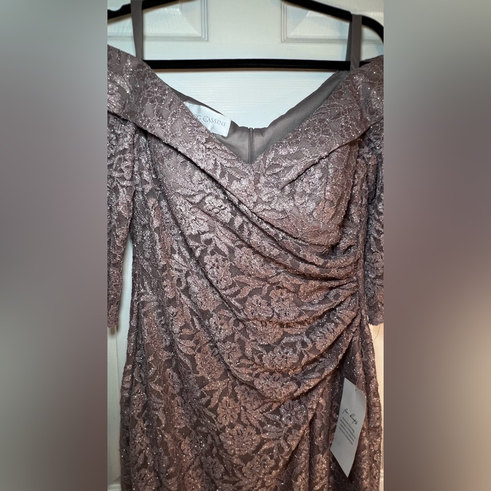 David’s Bridal  Off-the-Shoulder V-Neck Ruched Lace Gown‎ Dress Size 12 NWT - Picture 4 of 12